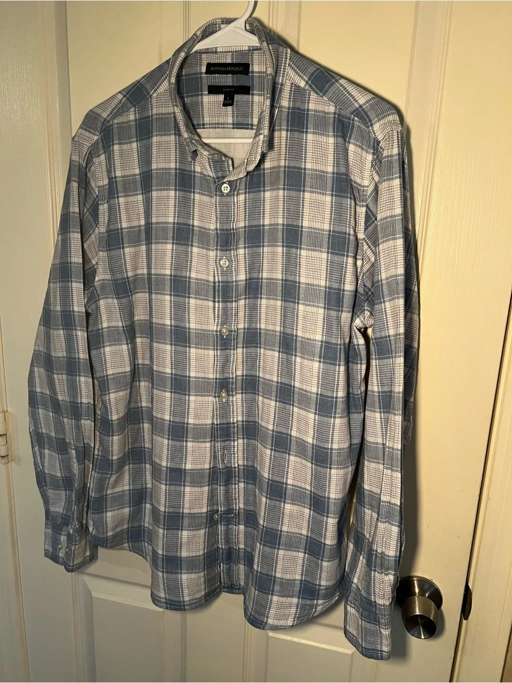 Banana Republic Slim Fit Plaid Button Down Shirt Blue White 100% Cotton